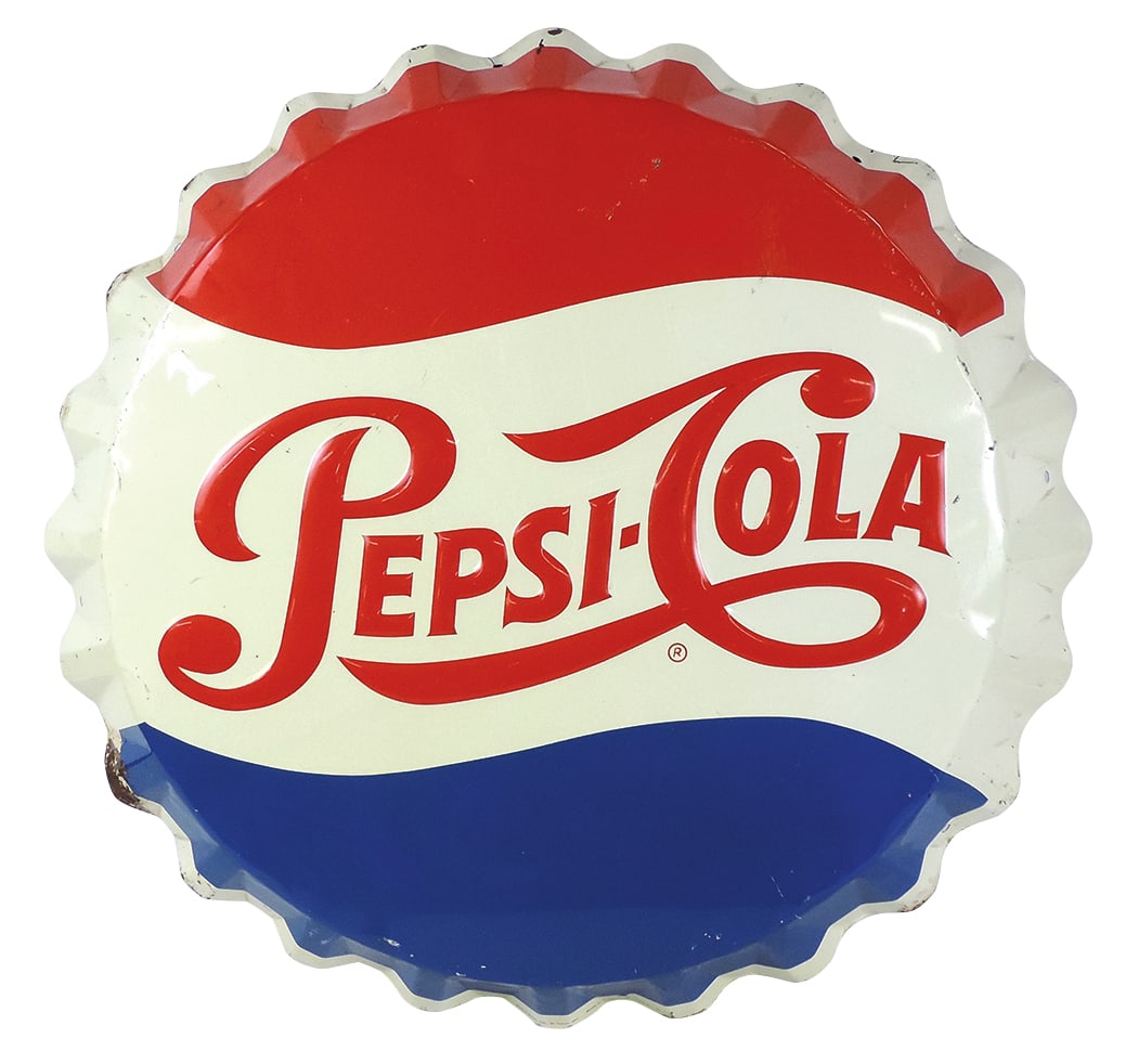 Soda Fountain Sign, Pepsi-Cola bottle cap, mfgd by Stout Sign Co., c.1960, embossed metal, Good+/VG: Soda Fountain Sign, Pepsi-Cola bottle cap, mfgd by Stout Sign Co., c.1960, embossed metal, Good+/VG cond w/some edge oxidation not severe, 28"Dia.