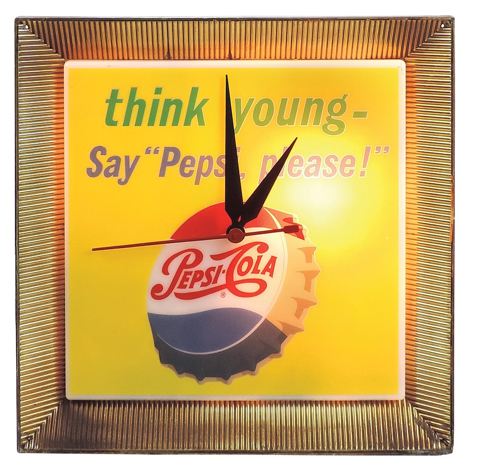 Soda Fountain Pepsi-Cola Clock, mfgd by Advertising Products w/Think Young slogan, metal w/plastic: Soda Fountain Pepsi-Cola Clock, mfgd by Advertising Products w/Think Young slogan, metal w/plastic bezel, VG working cond, 16"Sq.
