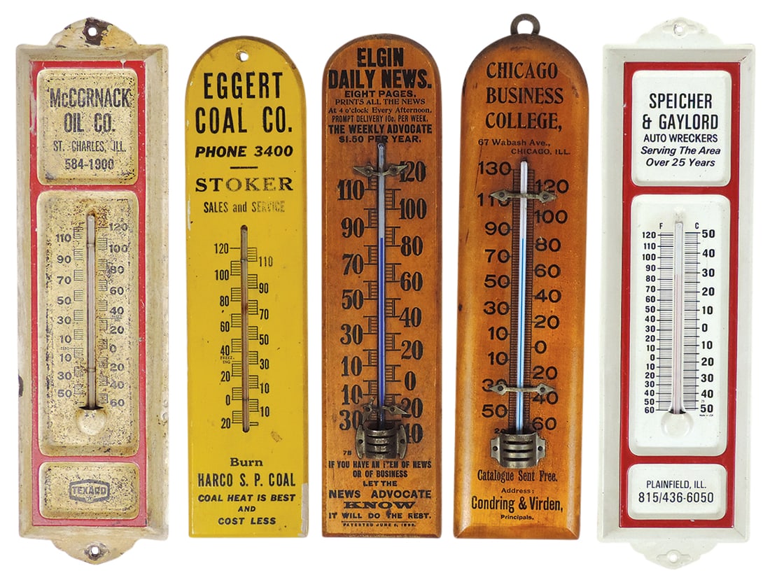 Advertising Thermometers (5), Eggert Coal, Elgin Daily News & Chicago Business College, all wood, VG: Advertising Thermometers (5), Eggert Coal, Elgin Daily News & Chicago Business College, all wood, VG to Exc working cond plus Speicher & Gaylord Auto Wreckers-Plainfield, IL & McCornack Oil-St. Charle