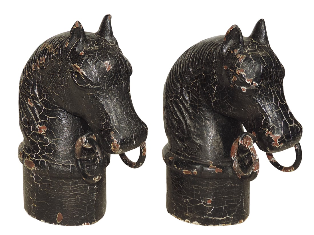 Hitching Post Horse Heads (2), 19th C., cast iron, VG cond w/multiple old paint layers, 13"H.: Hitching Post Horse Heads (2), 19th C., cast iron, VG cond w/multiple old paint layers, 13"H.