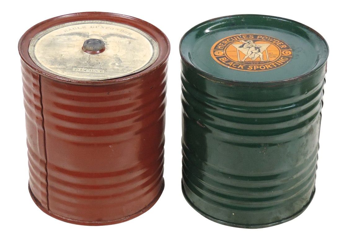 Gunpowder Kegs (2), Eagle Duck Shooting, mfgd by DuPont-Wilmington, Del, tin w/paper label top &: Gunpowder Kegs (2), Eagle Duck Shooting, mfgd by DuPont-Wilmington, Del, tin w/paper label top & bottom w/embossed dates & Hercules Black Sporting Powder, mfgd by Hercules Powder Co.-Wilmington, Del.