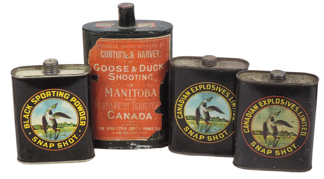 Gunpowder Cans (4), Honker, mfgd by Curtis's & Harvey, tin w/paper label front & back; (2) Snap Shot: Gunpowder Cans (4), Honker, mfgd by Curtis's & Harvey, tin w/paper label front & back; (2) Snap Shot & 1 Snap Shot Black Sporting Powder, mfgd by Canadian Industries Limited-Montreal, all litho on tin