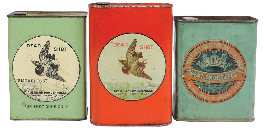 Gunpowder Cans (3), King's Semi-Smokeless, mfgd by The King Powder Co.-Cincinnati, OH, 1 lb tin: Gunpowder Cans (3), King's Semi-Smokeless, mfgd by The King Powder Co.-Cincinnati, OH, 1 lb tin w/top paper label, c.1899, 5"H; Dead Shot Sporting, 1 lb tin, c.1900, 6"H & Dead Shot Smokeless, mfgd by