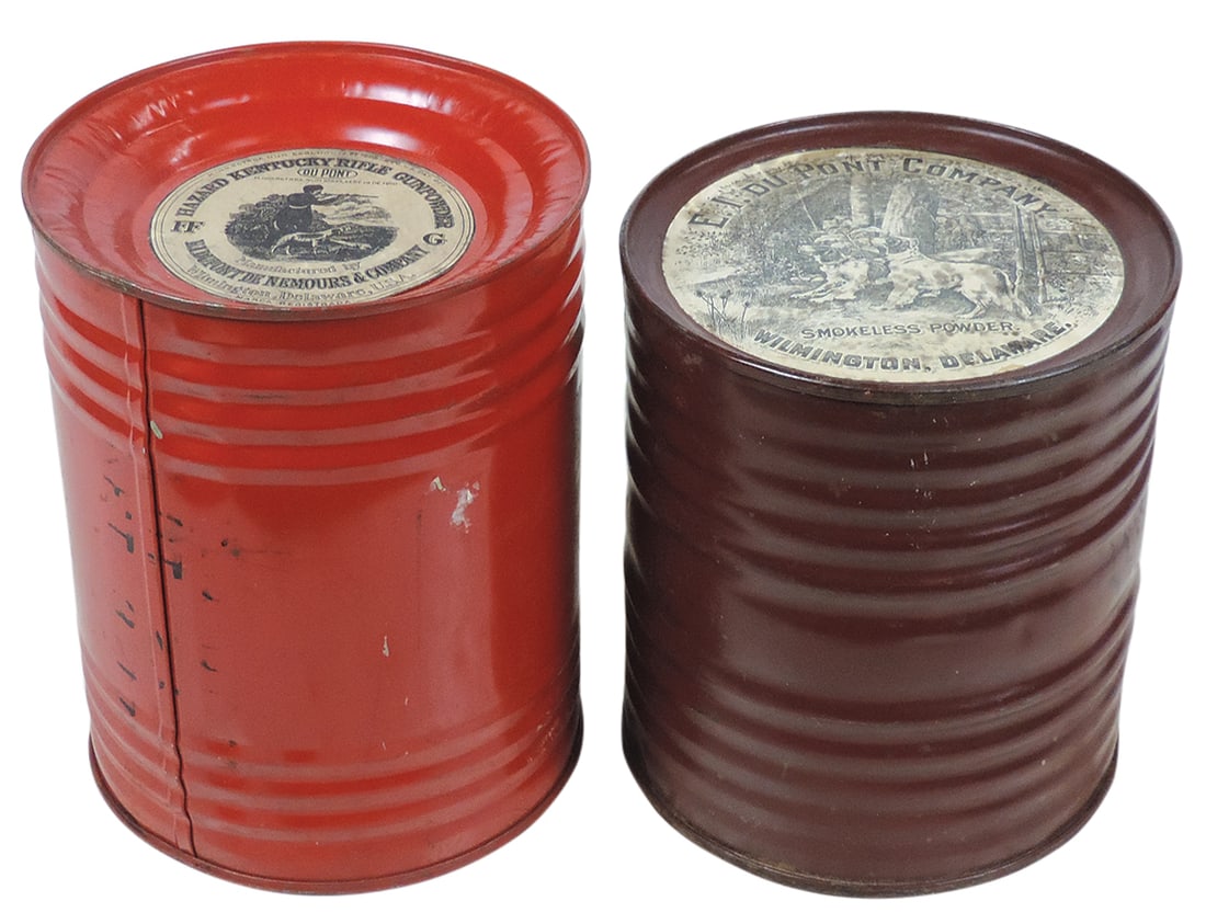 Gunpowder Kegs (2), Hazard Kentucky Rifle Gunpowder, mfgd by DuPont de Nemours & Co.-Wilmington, DE,: Gunpowder Kegs (2), Hazard Kentucky Rifle Gunpowder, mfgd by DuPont de Nemours & Co.-Wilmington, DE, tin w/top paper label & embossed bottom, 8"H & E. I. DuPont Smokeless Powder mfgd by DuPont-Wilming