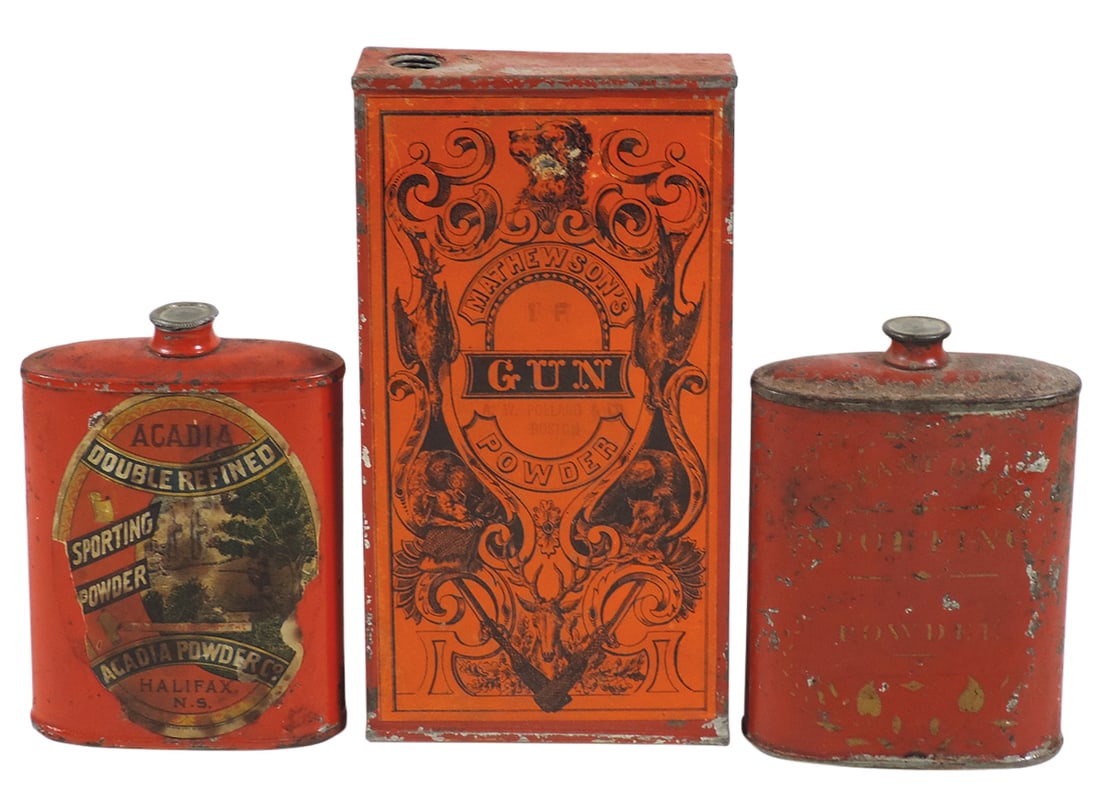 Gunpowder Cans (3), Mathewson's, A. W. Pollard & Co.-Boston 1 lb tin w/paper label, no cap, 6.75"H;: Gunpowder Cans (3), Mathewson's, A. W. Pollard & Co.-Boston 1 lb tin w/paper label, no cap, 6.75"H; Acadia Double-Refined Sporting-Halifax, NS 1/2 lb tin w/paper label & Instant Death Sporting Powder 