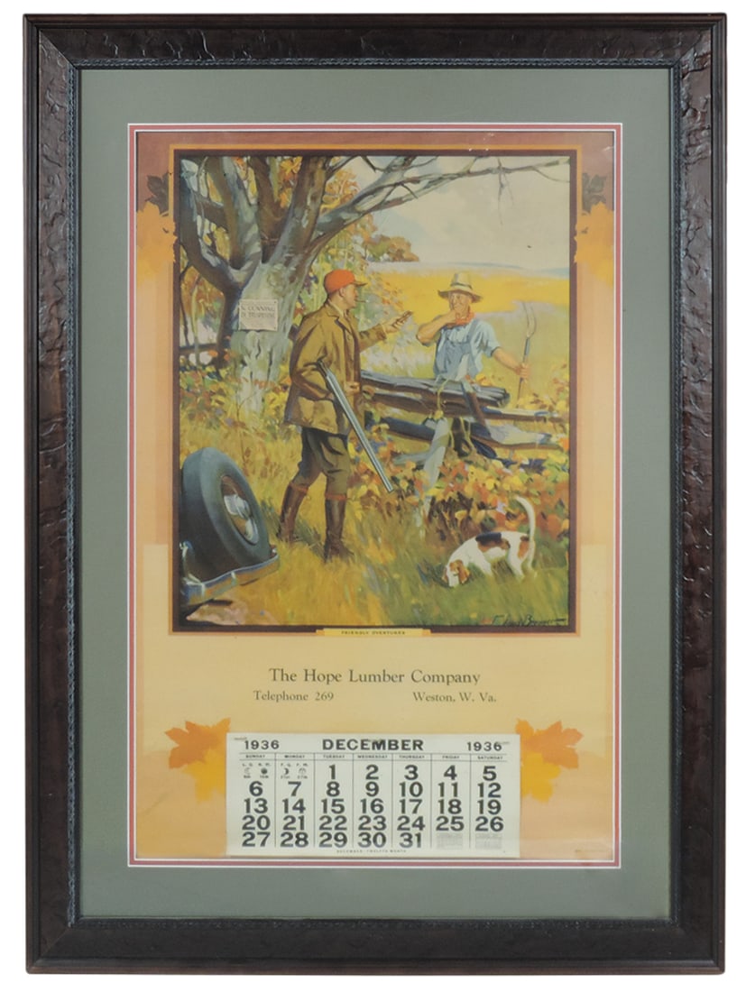 Hunting Calendar, The Hope Lumber Co.-Weston, WV, "Friendly Overtures" w/hunter offering cigars to: Hunting Calendar, The Hope Lumber Co.-Weston, WV, "Friendly Overtures" w/hunter offering cigars to farmer hoping to get permission to hunt, c.1936 w/Dec calendar sheet, prof double-matted & framed, VG