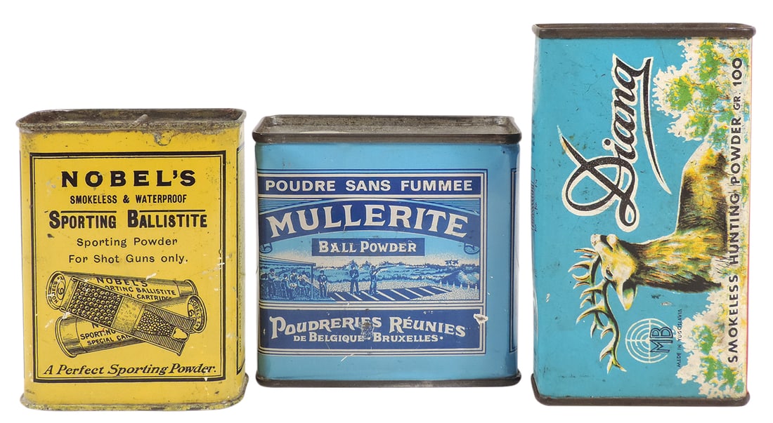 Gunpowder Cans (3), Nobel's Sporting Ballistite, mfgd by Nobel's Explosives Co. Ltd-Glasgow, 1 lb: Gunpowder Cans (3), Nobel's Sporting Ballistite, mfgd by Nobel's Explosives Co. Ltd-Glasgow, 1 lb tin, c.1885-1918; Diana Smokeless Hunting-MB-Yugoslavia, 100 gr & Mullerite Ball Powder, mfgd by Poudr
