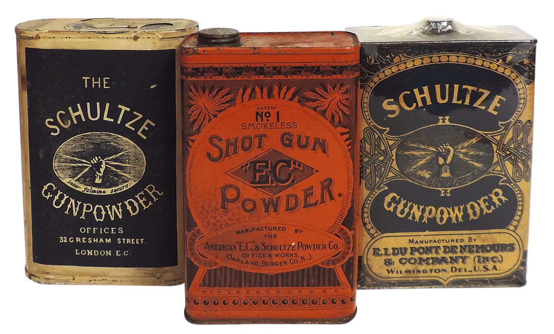 Gunpowder Cans (3), Schultze, mfgd by E. I. DuPont de Nemours & Co.-Wilmington, Del 1 lb tin: Gunpowder Cans (3), Schultze, mfgd by E. I. DuPont de Nemours & Co.-Wilmington, Del 1 lb tin w/wraparound paper label, c.1900-1926, Exc cond, 5.5"H; Schultz Granulated, mfgd by The Schultz-London, E.C