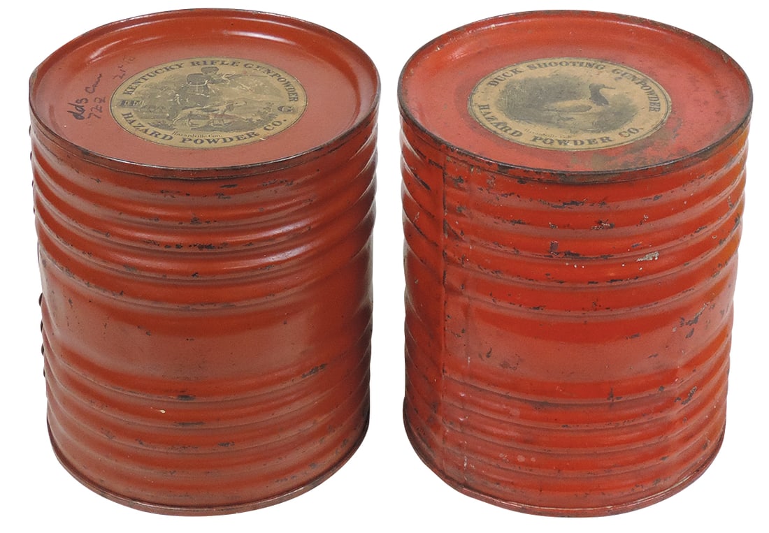 Gunpowder Kegs (2), Kentucky Rifle & Duck Shooting, mfgd by Hazard Powder Co.-Hazardville, CT, 6.25: Gunpowder Kegs (2), Kentucky Rifle & Duck Shooting, mfgd by Hazard Powder Co.-Hazardville, CT, 6.25 lb metal kegs w/paper labels (partial label on bottom of Kentucky Rifle), late 1800s, VG cond, both 