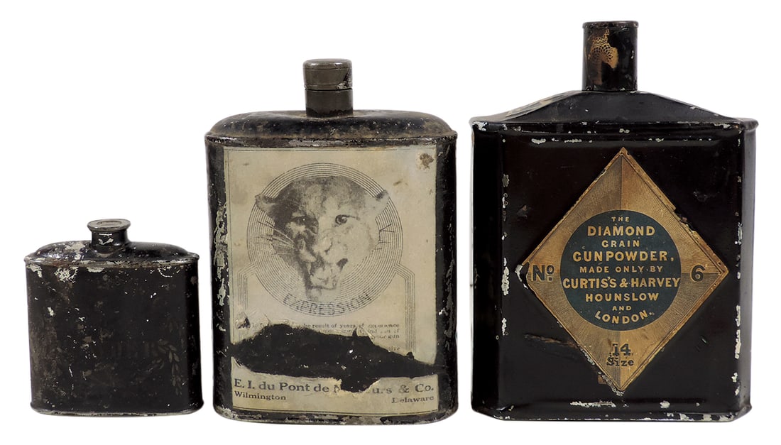 Gunpowder Cans (3), The Diamond Grain No. 6, mfgd by Curtis's & Harvey-Hounslow & London, 14 size: Gunpowder Cans (3), The Diamond Grain No. 6, mfgd by Curtis's & Harvey-Hounslow & London, 14 size tin w/front, back & partial top paper labels, VG+ cond; Expression, mfgd by E. I. Du Pont de Nemours &