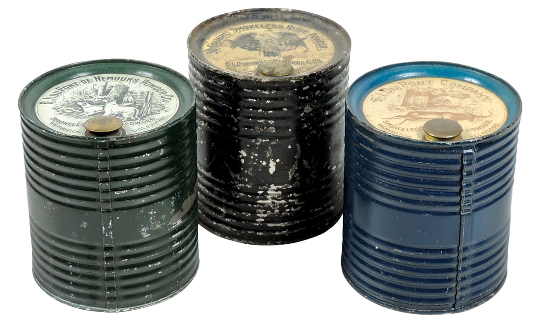 Gunpowder Kegs (3), all Smokeless Rifle Powder mfgd by E. I. DuPont de Nemours Powder: Gunpowder Kegs (3), all Smokeless Rifle Powder mfgd by E. I. DuPont de Nemours Powder Co.-Wilmington, DE, 1 lb tin w/top & bottom labels, Exc cond; 1 lb tin w/ top label, Exc cond & 1 lb tin w/top lab