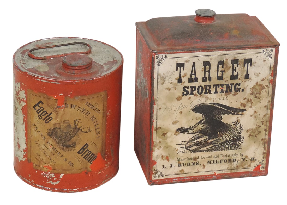 Gunpowder Cans (2), Eagle Brand, mfgd by Excelsior Powder Mills-Oshkosh, WI, lg tin w/handle &: Gunpowder Cans (2), Eagle Brand, mfgd by Excelsior Powder Mills-Oshkosh, WI, lg tin w/handle & mostly intact paper label front/paper disclaimer label back & Target Sporting No. 93 Grain, mfgd & sold E