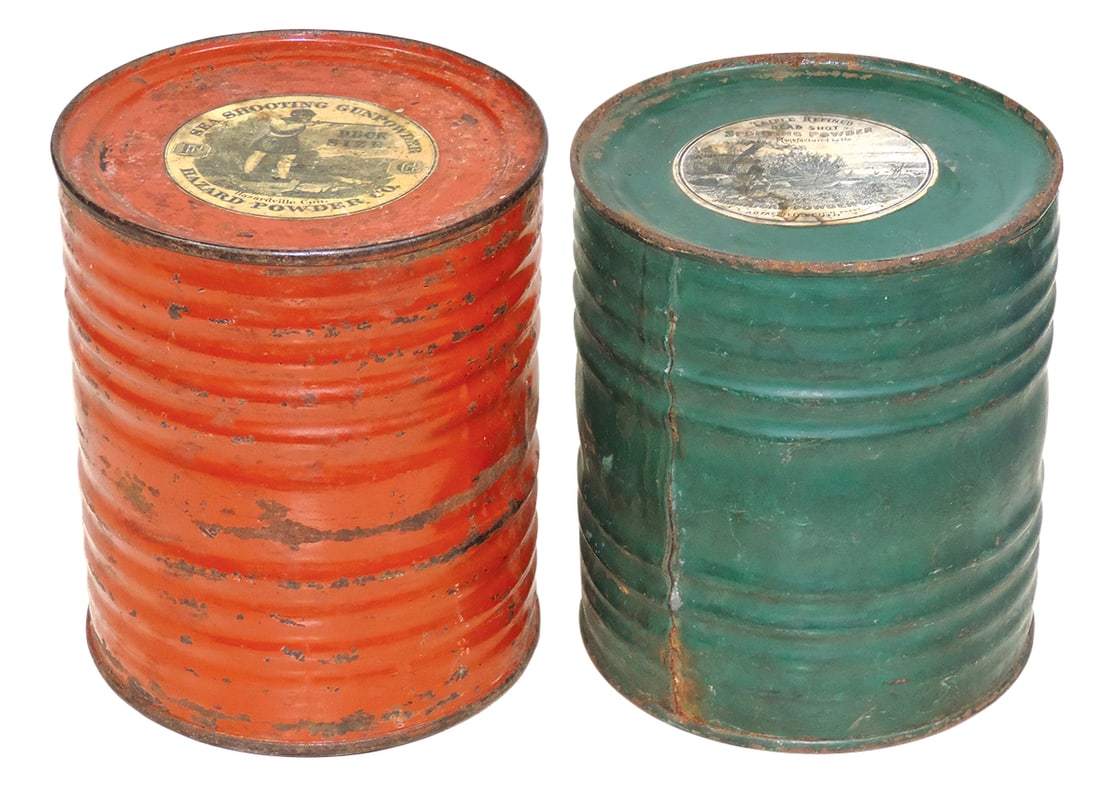 Gunpowder Kegs (2), Sea Shooting Duck Size, mfgd by Hazard Powder Co.-Hazardville, CT, tin w/paper: Gunpowder Kegs (2), Sea Shooting Duck Size, mfgd by Hazard Powder Co.-Hazardville, CT, tin w/paper label on top & partial on bottom & Triple Refined Dead Shot Sporting, mfgd by American Powder Mills-B