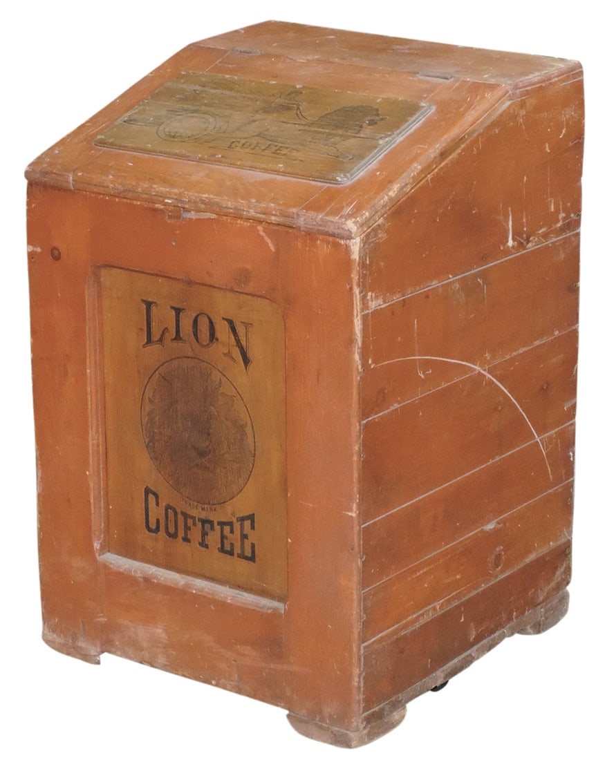 Country Store Coffee Bin, Lion Coffee, mfgd by Woolson Spice Co., pine w/stamped logo on front panel: Country Store Coffee Bin, Lion Coffee, mfgd by Woolson Spice Co., pine w/stamped logo on front panel & applied slant front panel w/lion pulling a chariot, VG cond w/early refinish, 33"H x 21"W x 22"D.