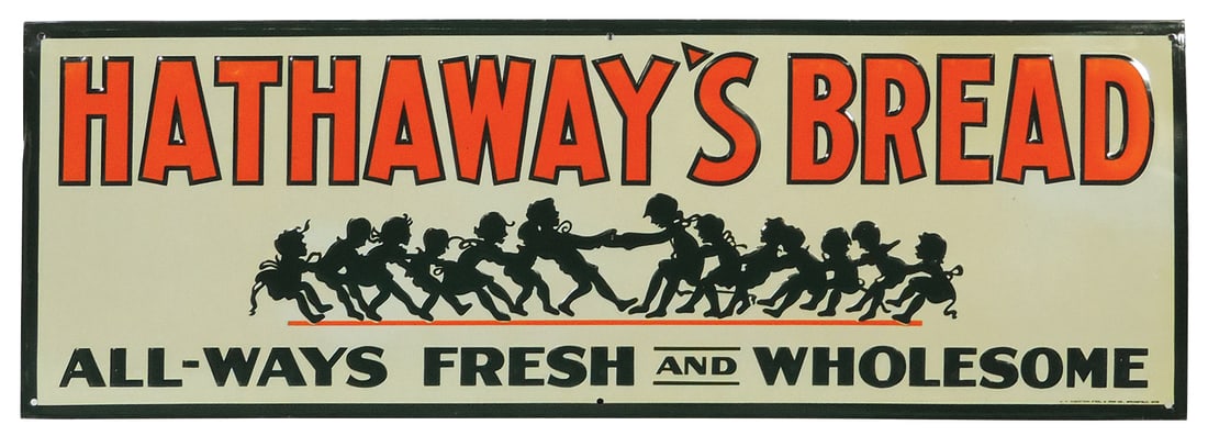 Country Store Sign, Hathaway's Bread, embossed litho on tin w/crimped edge by Robertson Steel & Iron: Country Store Sign, Hathaway's Bread, embossed litho on tin w/crimped edge by Robertson Steel & Iron Co., depicts children in a tug-of-war, Near-Mint cond w/some light storage wear & likely NOS, 9.5"H