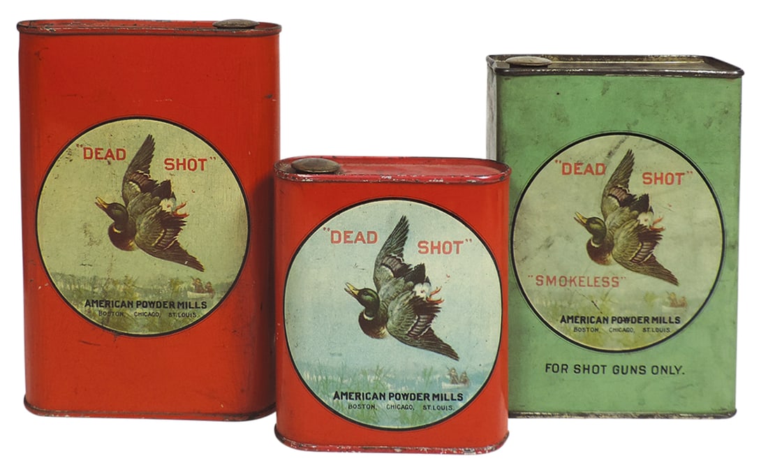 Gunpowder Cans (3), all Dead Shot, mfgd by American Powder Mills-Boston, Chicago, St. Louis, 1/2 & 1: Gunpowder Cans (3), all Dead Shot, mfgd by American Powder Mills-Boston, Chicago, St. Louis, 1/2 & 1 lb tins, VG to Exc cond, largest 6"H.