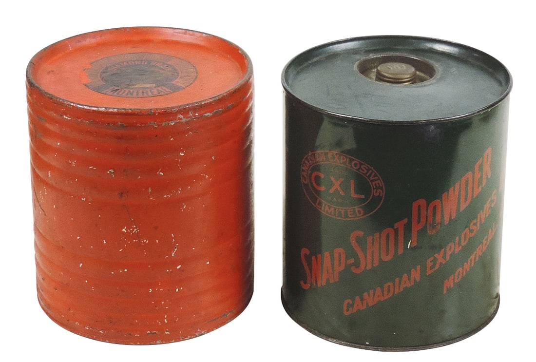 Gunpowder Kegs (2), Diamond Grain, mfgd by Hamilton Powder Co.-Montreal w/top paper label &: Gunpowder Kegs (2), Diamond Grain, mfgd by Hamilton Powder Co.-Montreal w/top paper label & Snap-Shot, mfgd by Canadian Explosives Limited-Montreal, stamped on side, both 5 lb metal kegs, VG+ to Exc c