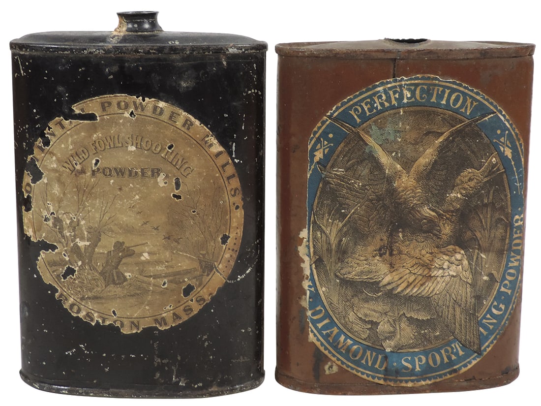 Gunpowder Cans (2), Perfection Black Diamond Sporting Powder, believed mfgd by Curtiss & Wild Fowl: Gunpowder Cans (2), Perfection Black Diamond Sporting Powder, believed mfgd by Curtiss & Wild Fowl Shooting Powder, believed mfgd by DuPont (partial front label only), both 1 lb tins w/front paper lab