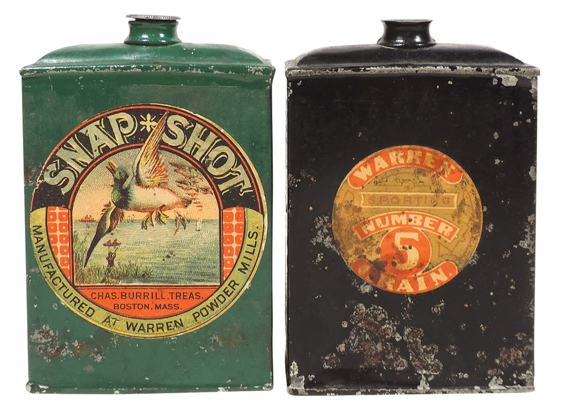 Gunpowder Cans (2), Snap Shot Grain No. 3, tin w/front & back paper label, c.1873-1887, Exc cond &: Gunpowder Cans (2), Snap Shot Grain No. 3, tin w/front & back paper label, c.1873-1887, Exc cond & Warren Grain Sporting Powder No. 5, tin w/front label, VG cond w/out cap, both 4.5"H.