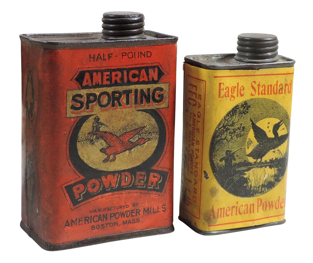 Gunpowder Cans (2), American Sporting, mfgd by American Powder Mills-Boston, MA, 1/2 lb w/graphic on: Gunpowder Cans (2), American Sporting, mfgd by American Powder Mills-Boston, MA, 1/2 lb w/graphic on all sides, Exc cond, 3.75"H & Eagle Standard American Powder, Dist by The S. Hayward Co.-St. John N