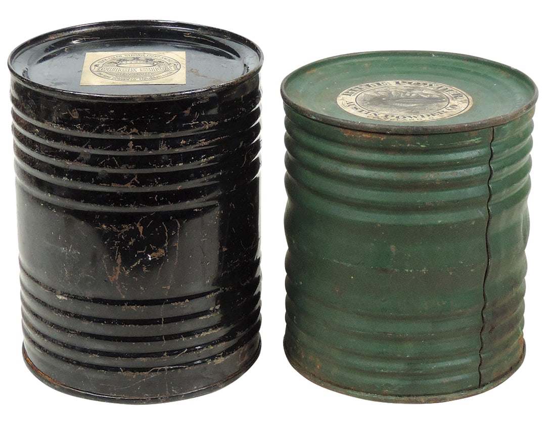 Gunpowder Kegs (2), Rifle Powder, mfgd by Austin Powder Co.-Cleveland, O & Quick Shot, mfgd by The: Gunpowder Kegs (2), Rifle Powder, mfgd by Austin Powder Co.-Cleveland, O & Quick Shot, mfgd by The King Powder Co.-Cincinnati, O, 6.25 lb tins w/top paper labels, c.late 1800s, both VG cond, 7.25"-8"H