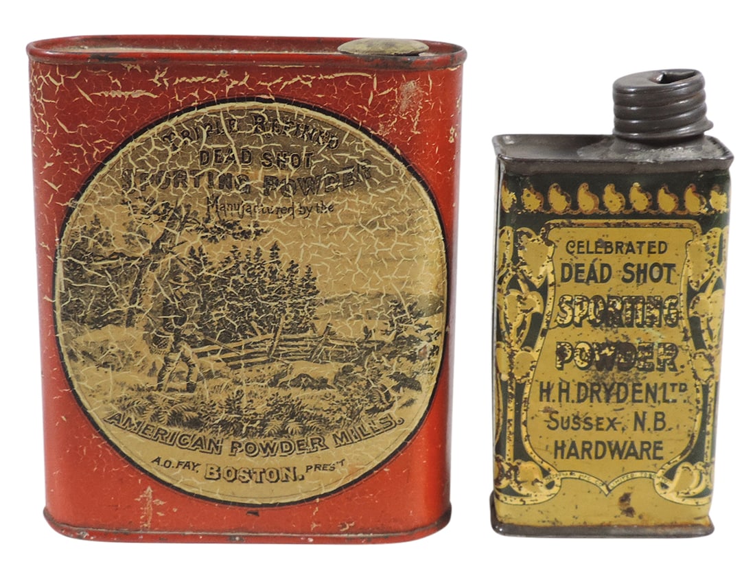 Gunpowder Cans (2), Dead Shot Sporting Powder, mfgd by American Powder Mills-Boston, 1/2 lb tin: Gunpowder Cans (2), Dead Shot Sporting Powder, mfgd by American Powder Mills-Boston, 1/2 lb tin w/front & back graphic, c.1900, VG cond w/heavy crazing & Celebrated Dead Shot Sporting Powder, mfgd by 