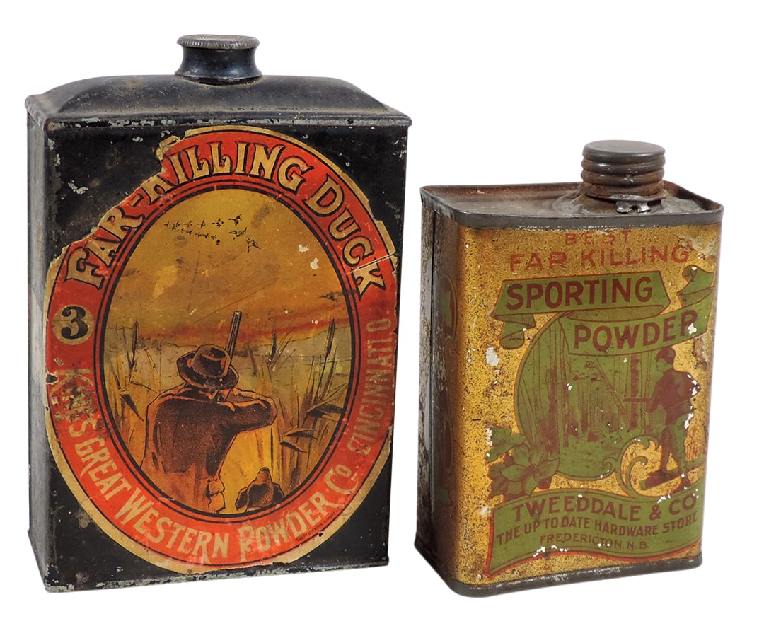 Gunpowder Cans (2), Far Killing Duck Powder, mfgd by King's Great Western Powder Co.-Cincinnati, O,: Gunpowder Cans (2), Far Killing Duck Powder, mfgd by King's Great Western Powder Co.-Cincinnati, O, 1/2 lb tin w/front paper label & Best Far Killing Sporting Powder, sold by Tweeddale & Co., The Up t