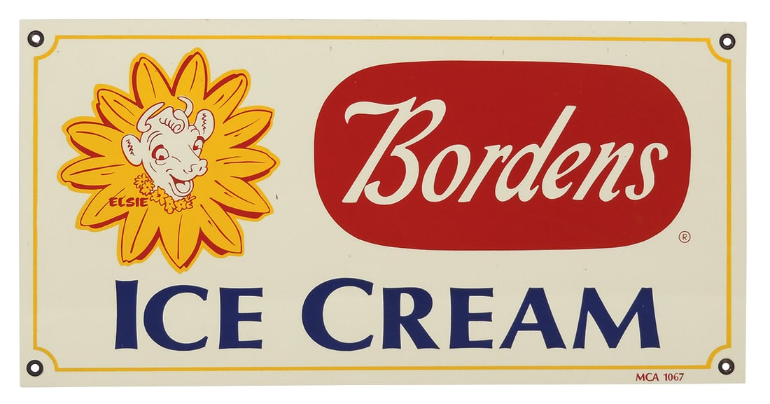 Soda Fountain Ice Cream Sign, Bordens w/Elsie trademark, paint on metal marked MCA 1067, Near-Mint: Soda Fountain Ice Cream Sign, Bordens w/Elsie trademark, paint on metal marked MCA 1067, Near-Mint cond, 12"H x 24"W.