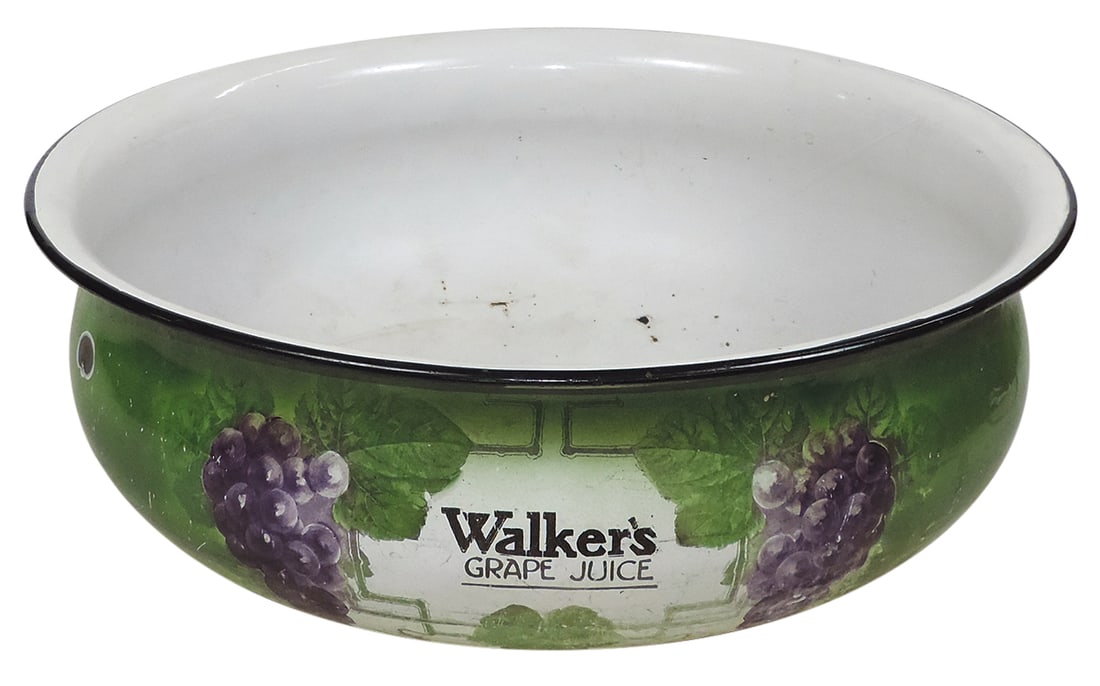 Soda Fountain Display Bowl, Walker's Grape Juice, enamelware, used on counters & filled w/ice &: Soda Fountain Display Bowl, Walker's Grape Juice, enamelware, used on counters & filled w/ice & bottles of grape juice to promote sales, c.1910, Good+ cond w/some wear & losses, 19"Dia.