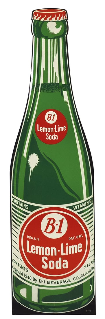 Soda Fountain Sign, B-1 Lemon-Lime Soda, litho on embossed diecut tin, c.1940, Near-Mint unused: Soda Fountain Sign, B-1 Lemon-Lime Soda, litho on embossed diecut tin, c.1940, Near-Mint unused cond, 28"H x 7.5"W.