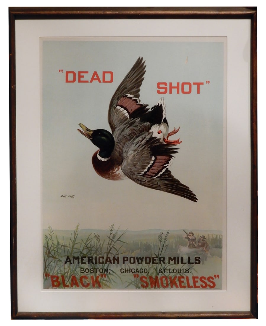 Gunpowder Sign, Dead Shot, from American Powder Mills for black smokeless powder by Armstrong Moore: Gunpowder Sign, Dead Shot, from American Powder Mills for black smokeless powder by Armstrong Moore Co., litho on cardstock in Exc cond in later mat & frame, 24.5"H x 19"W.