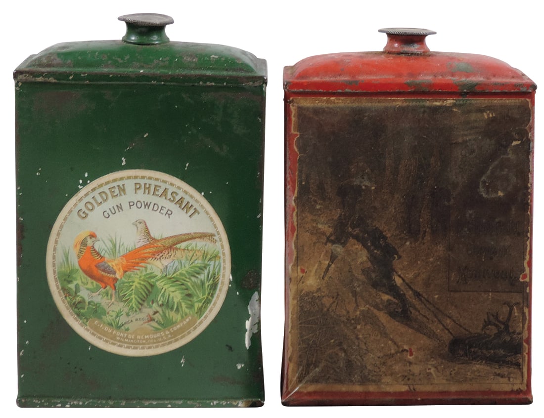 Gunpowder Cans (2), Golden Pheasant Powder, mfgd by E. I. DuPont de Nemours & Co.-Wilmington, DE,: Gunpowder Cans (2), Golden Pheasant Powder, mfgd by E. I. DuPont de Nemours & Co.-Wilmington, DE, VG+ cond & Hamilton Powder Co. Caribou #4-Montreal, c.1880-1910, Good+ cond, both 1 lb tins w/paper la