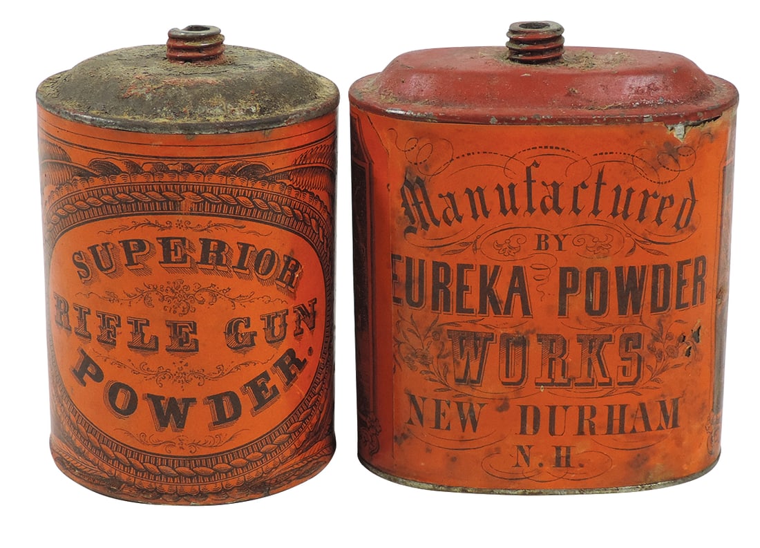 Gunpowder Cans (2), Imperial, mfgd by Eureka Powder Works-New Durham, NH & Superior Rifle Gun: Gunpowder Cans (2), Imperial, mfgd by Eureka Powder Works-New Durham, NH & Superior Rifle Gun Powder, mfgr not shown, both tin w/wraparound paper label, VG+ cond w/out caps, 4"H.