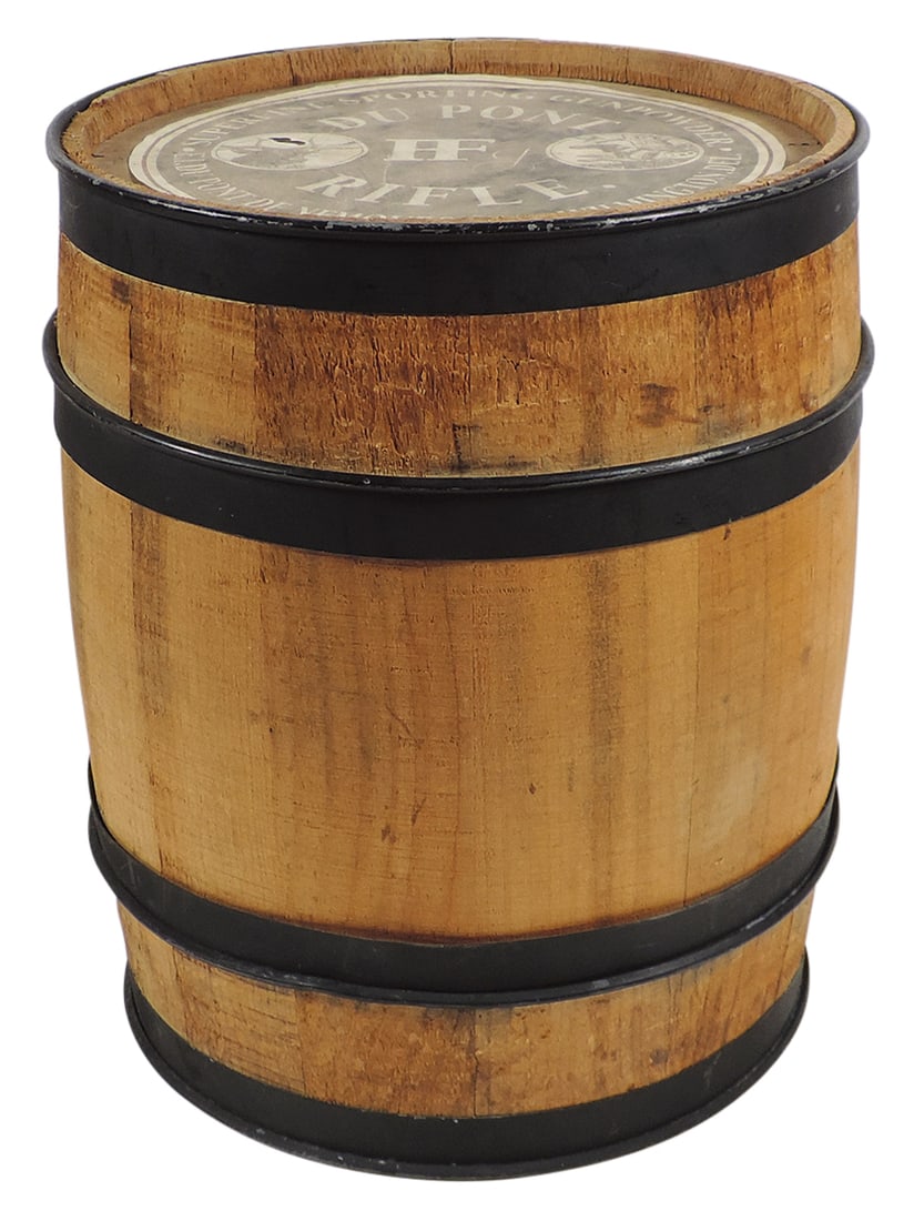 Gunpowder Keg, Superfine Sporting Rifle Powder, mfgd by E. I. DuPont de Nemours & Co.-Wilmington,: Gunpowder Keg, Superfine Sporting Rifle Powder, mfgd by E. I. DuPont de Nemours & Co.-Wilmington, DE, 25 lb newer wooden keg w/newer metal hoops & newer top paper label, VG+ to Exc cond, 12.25"H.