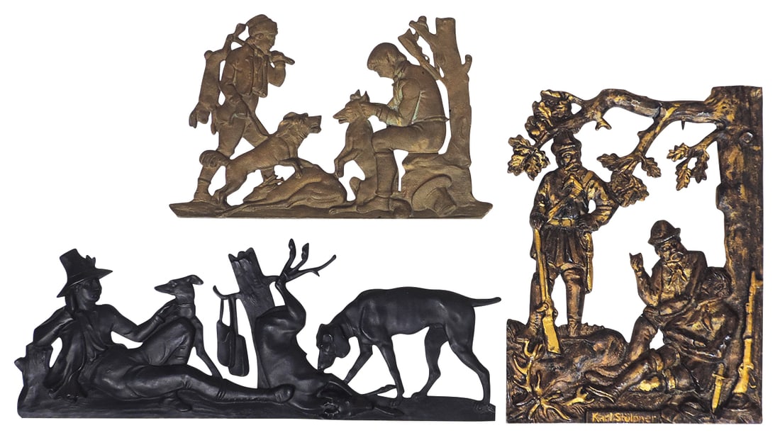 Decorative Hunting Theme Plaques (3), cast iron (Made in Germany), scene of man w/dogs, bronze scene: Decorative Hunting Theme Plaques (3), cast iron (Made in Germany), scene of man w/dogs, bronze scene w/boys & dogs & aluminum hunters under tree, embossed Karl Stulpner, VG to Exc cond, largest 20"L.