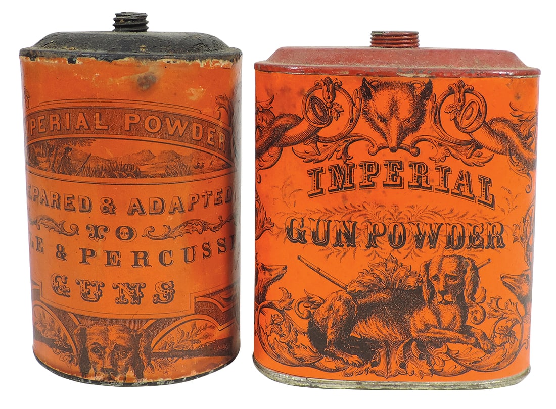 Gunpowder Cans (2), Imperial, may have been mfgd by Mathewson's-New Hampshire although name is not: Gunpowder Cans (2), Imperial, may have been mfgd by Mathewson's-New Hampshire although name is not used on can & Imperial, mfgd by Eureka Powder Works-New Durham, NH, both tin w/wraparound paper label
