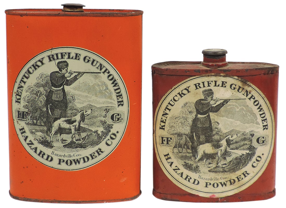 Gunpowder Cans (2), Kentucky Rifle mfgd by Hazard Powder Co.-Hazardville, CT, 1 lb tin w/front: Gunpowder Cans (2), Kentucky Rifle mfgd by Hazard Powder Co.-Hazardville, CT, 1 lb tin w/front graphic, c.1870-1880, VG+ cond, 5.5"H & 1/2 lb tin w/front paper label, c.early 1900s, VG+ cond, 4.25"H.