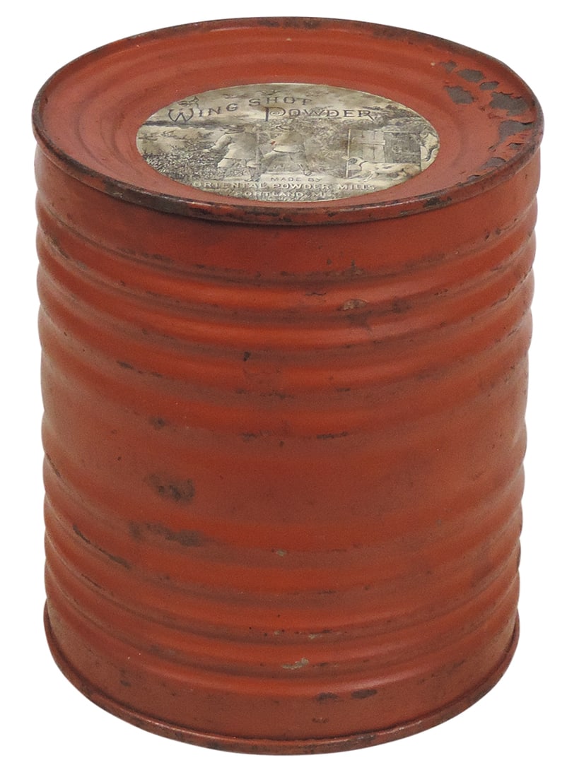 Gunpowder Keg, Wing Shot Powder, mfgd by Oriental Powder Mills-Portland, ME, 5 lb tin w/top & bottom: Gunpowder Keg, Wing Shot Powder, mfgd by Oriental Powder Mills-Portland, ME, 5 lb tin w/top & bottom paper labels, c. late 1800s, VG+ cond w/minor wear, 7.25"H.