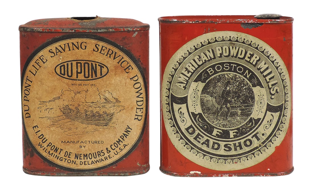 Gunpowder Cans (2), Life Saving Service Powder, mfgd by E. I. DuPont de Nemours & Co.-Wilmington,: Gunpowder Cans (2), Life Saving Service Powder, mfgd by E. I. DuPont de Nemours & Co.-Wilmington, DE, VG cond w/out cap & Dead Shot, mfgd by American Powder Mills-Boston, MA, VG+ cond, both 1/2 lb tin