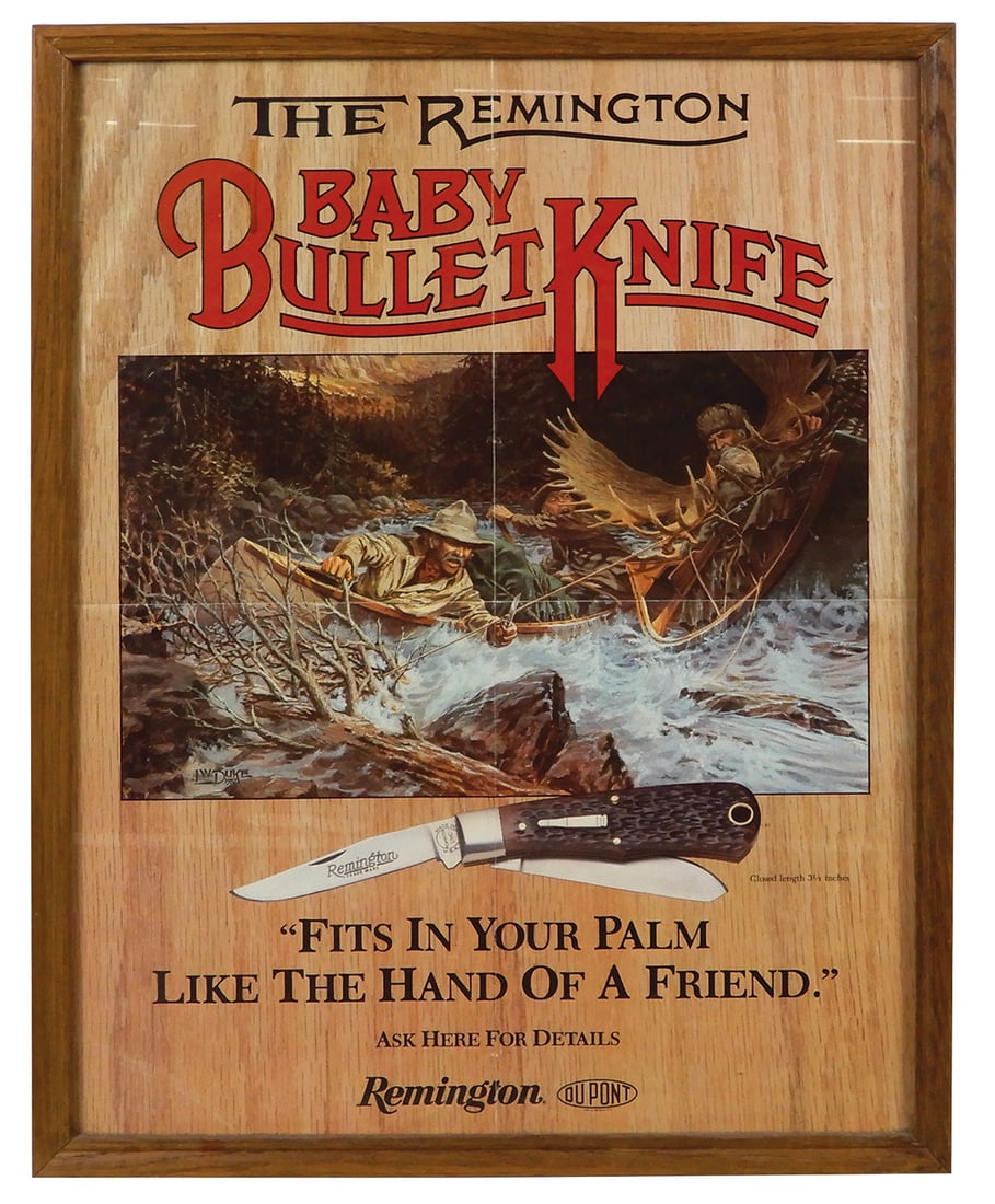 Firearms Poster, Remington Baby Bullet Knife, litho on paper, c.1960's, Exc cond w/mailer fold: Firearms Poster, Remington Baby Bullet Knife, litho on paper, c.1960's, Exc cond w/mailer fold marks, later framed, 25"H x 19"W.