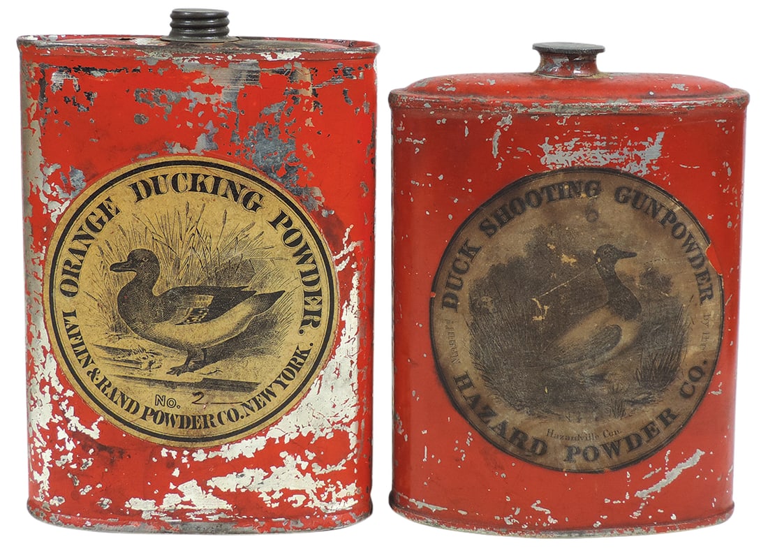 Gunpowder Cans (2), Orange Ducking Powder, mfgd by Laflin & Rand Powder Co.-New York, complete front: Gunpowder Cans (2), Orange Ducking Powder, mfgd by Laflin & Rand Powder Co.-New York, complete front & partial top paper label, c.1870, 6"H & Duck Shooting No. 4 Grain, mfgd by Hazard Powder Co.-Hazar