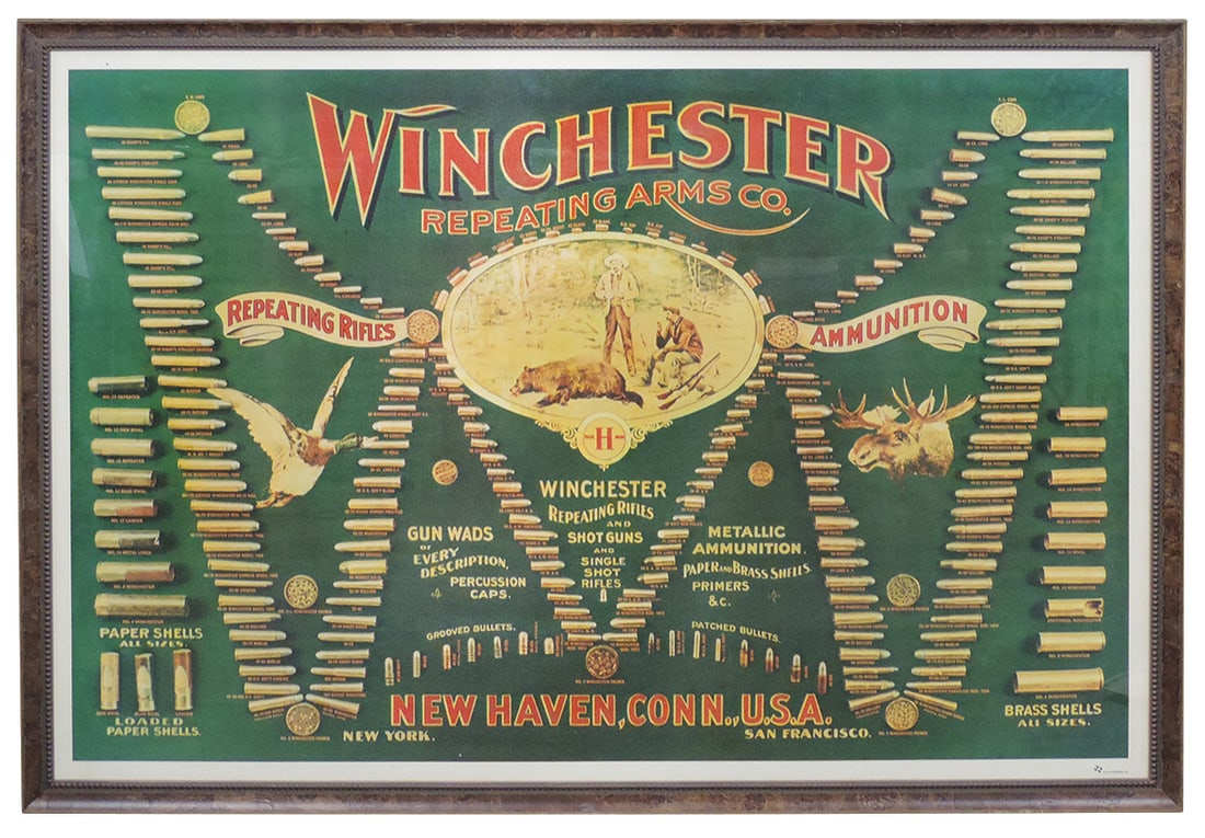 Firearms Poster, Winchester Ammunition, later reprint by EHY Enterprises, in walnut frame, Exc cond,: Firearms Poster, Winchester Ammunition, later reprint by EHY Enterprises, in walnut frame, Exc cond, 39"H x 55"W.