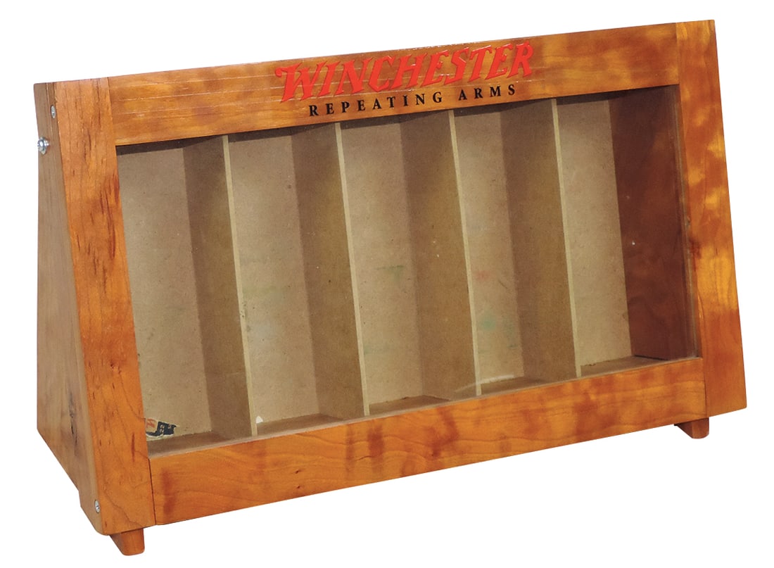 Gun Cartridge Counter Display Case, Rare, Winchester w/Repeating Arms marquee, wood w/hinged front &: Gun Cartridge Counter Display Case, Rare, Winchester w/Repeating Arms marquee, wood w/hinged front & divided interior for 22 Cal. boxes, Exc cond, 10"H x 17"W.