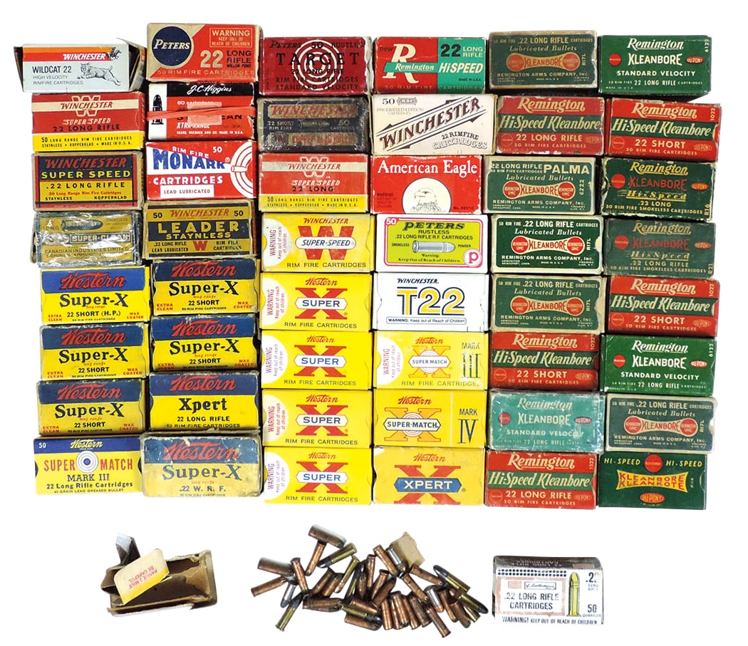 Gun Cartidges (50 full boxes), 22 Cal. Boxed Cartridges, 17 Remington, 15 Western, 9 Winchester,: Gun Cartidges (50 full boxes), 22 Cal. Boxed Cartridges, 17 Remington, 15 Western, 9 Winchester, plus other brands, all VG to Exc cond.