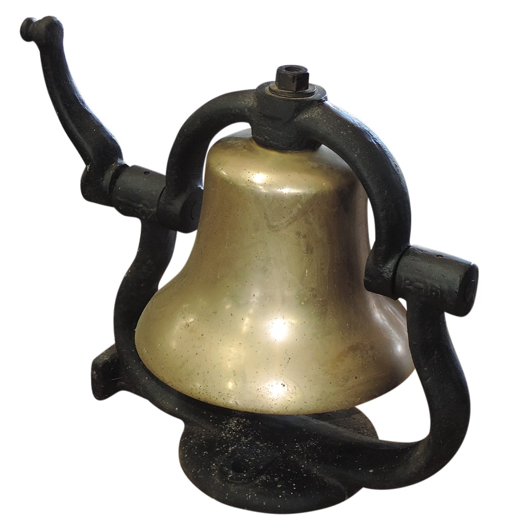 Railroad Locomotive Bell, bronze on iron yoke, 14.5" Dia bell stamped 1797, Exc cond, 22"H.: Railroad Locomotive Bell, bronze on iron yoke, 14.5" Dia bell stamped 1797, Exc cond, 22"H.