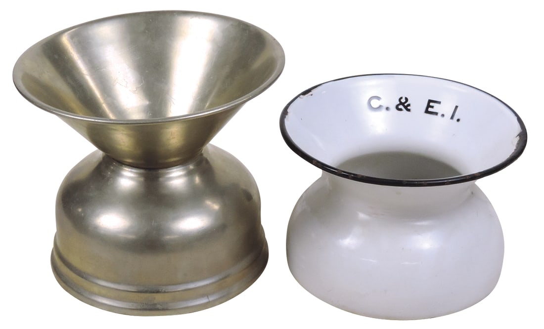 Railroad Spittoons (2), marked C.& E.I. (Chicago & Eastern Illinois), porcelain on steel &: Railroad Spittoons (2), marked C.& E.I. (Chicago & Eastern Illinois), porcelain on steel & nickel-plated brass w/iron base, VG+ cond, the first w/a few chips, larger 7"H.
