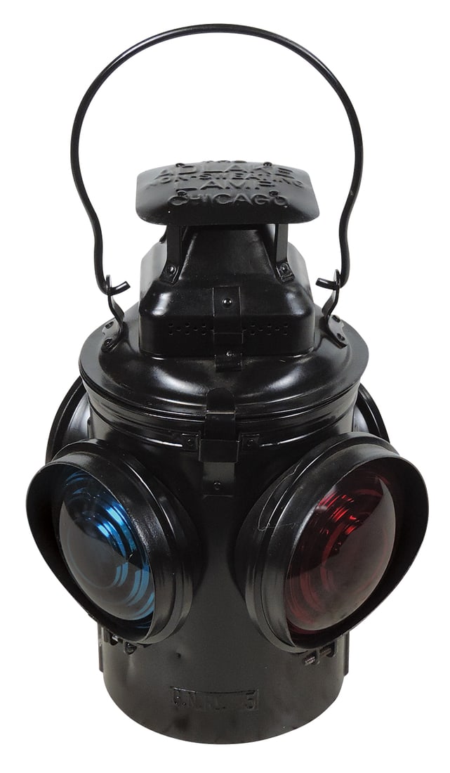 Railroad Lantern, 4-way signal switch, mfgd by Adlake embossed G.N.RY. No.5 tag, orig burner, Exc: Railroad Lantern, 4-way signal switch, mfgd by Adlake embossed G.N.RY. No.5 tag, orig burner, Exc repainted cond, 14"H.