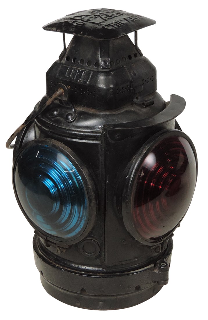 Railroad Lantern, 4-way left side signal switch, mfgd by Adlake for CMSTP & PRR w/embossed tag, VG: Railroad Lantern, 4-way left side signal switch, mfgd by Adlake for CMSTP & PRR w/embossed tag, VG cond w/orig finish, 14"H.