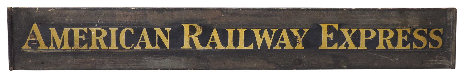 Railroad Sign, stamped gilt lettered wood panel for American Railway Express, VG+ cond, 10"H x 71"W.: Railroad Sign, stamped gilt lettered wood panel for American Railway Express, VG+ cond, 10"H x 71"W.