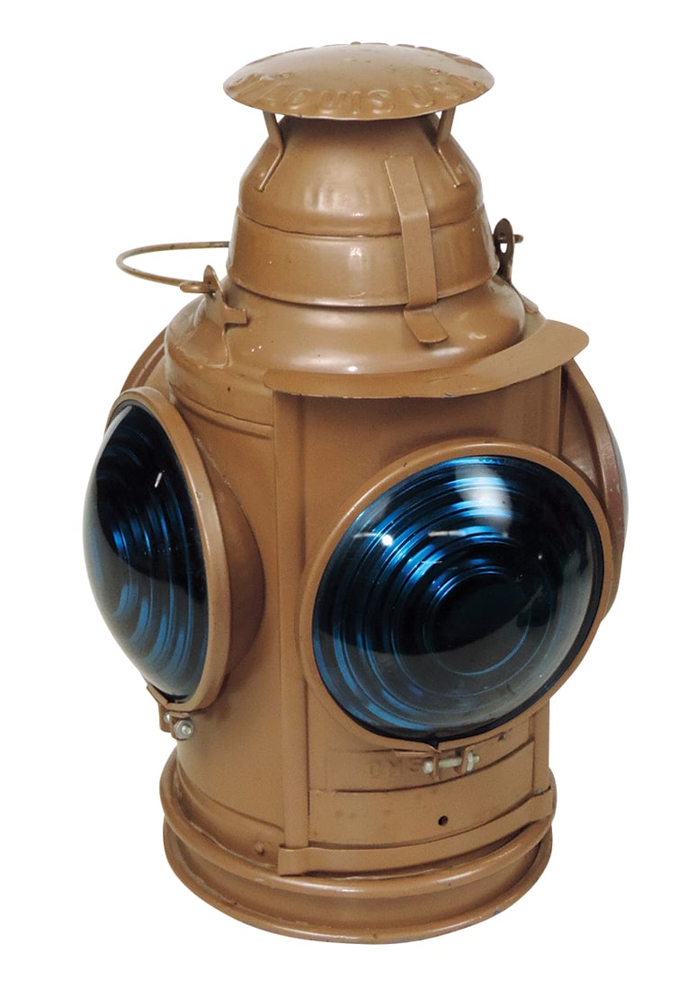 Railroad Lantern, 4-way switch w/1 red & 3 blue lenses, mfgd by Handlan for CMSTP & PRR, VG+: Railroad Lantern, 4-way switch w/1 red & 3 blue lenses, mfgd by Handlan for CMSTP & PRR, VG+ repainted cond, later electrified, needs cord, 15"H.